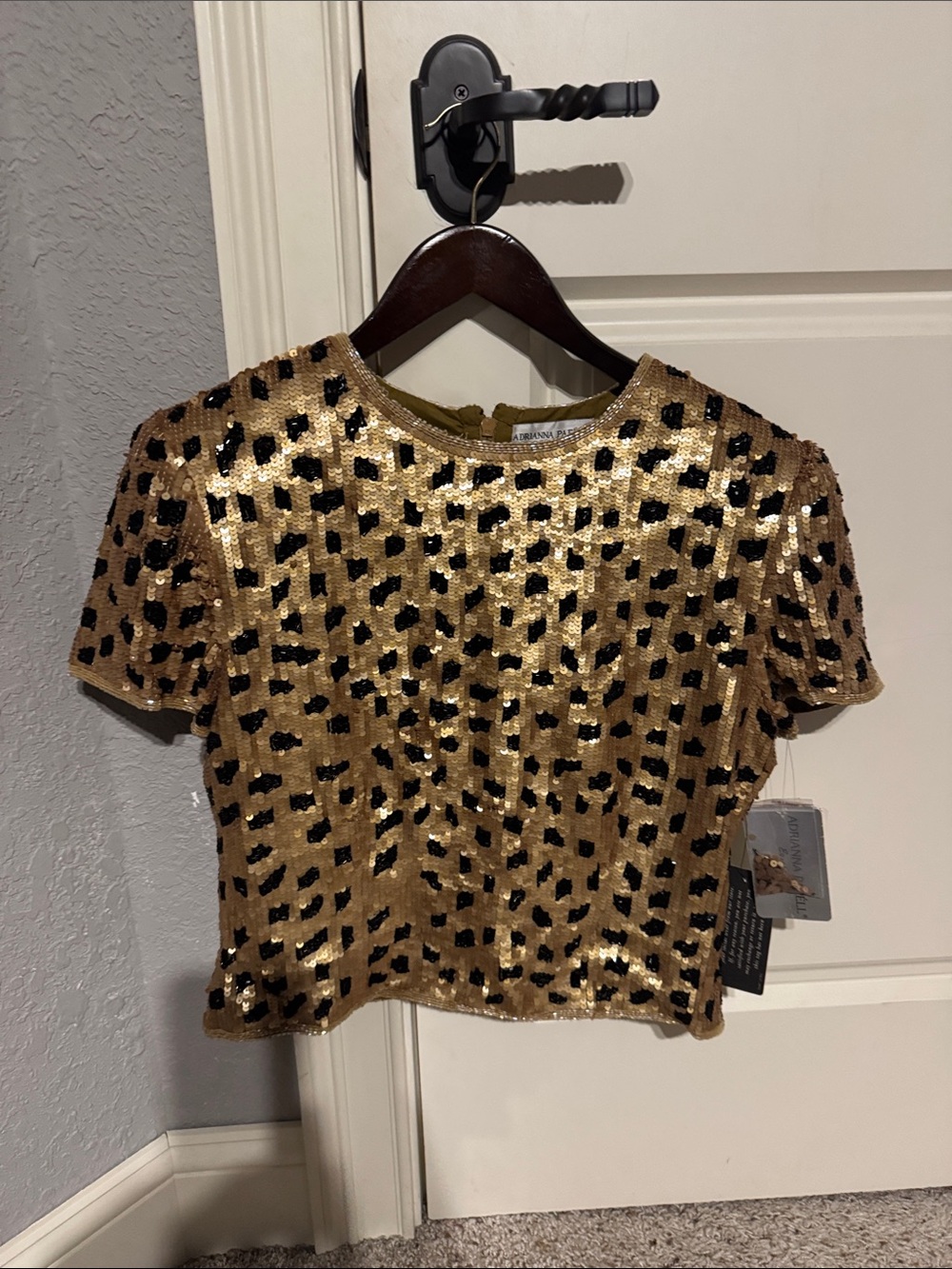 Adrianna Papell Gold Sequin Crop Top with Black Leopard Print